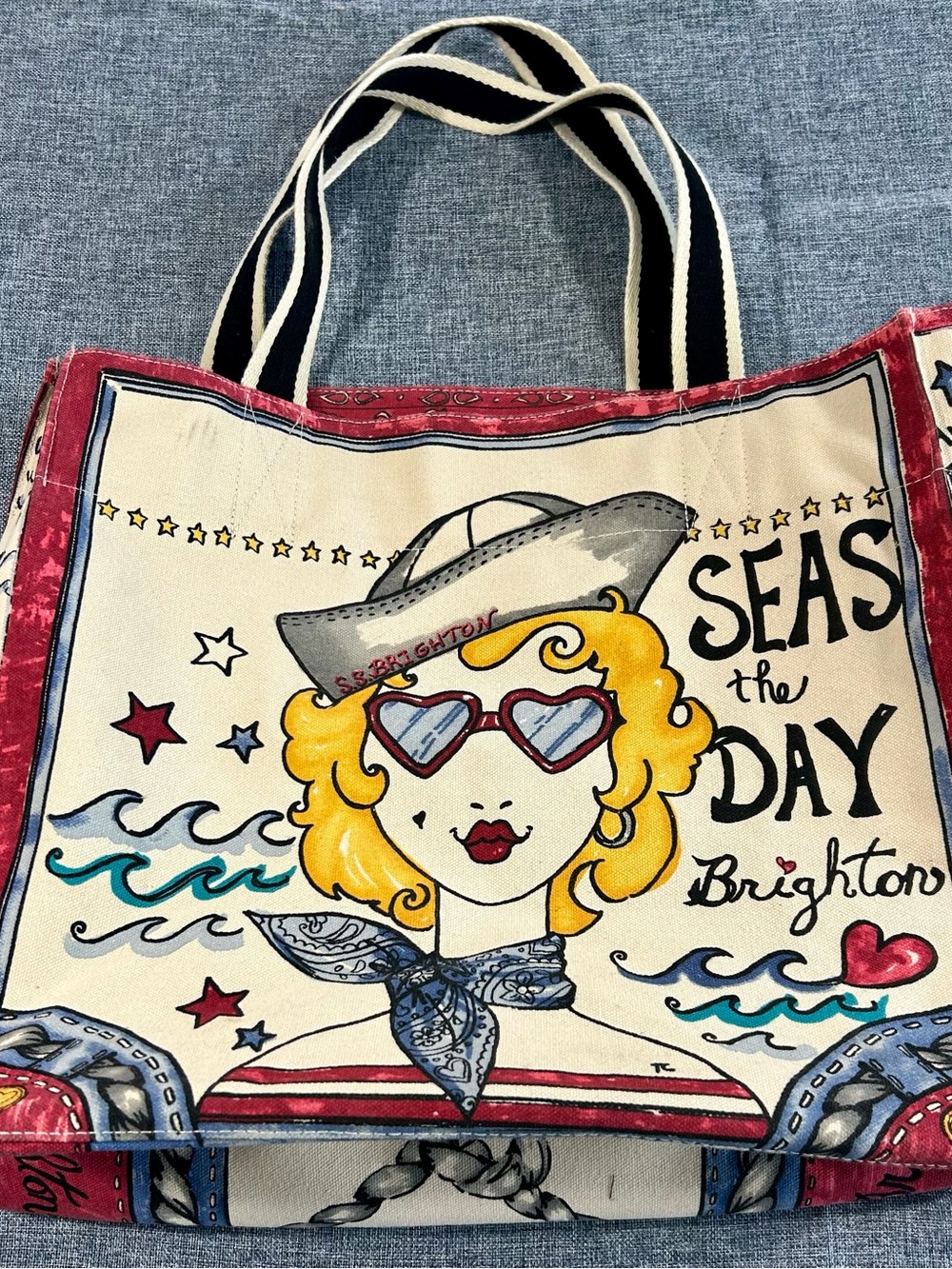 Brighton Canvas Tote in Red, Cream, Blue